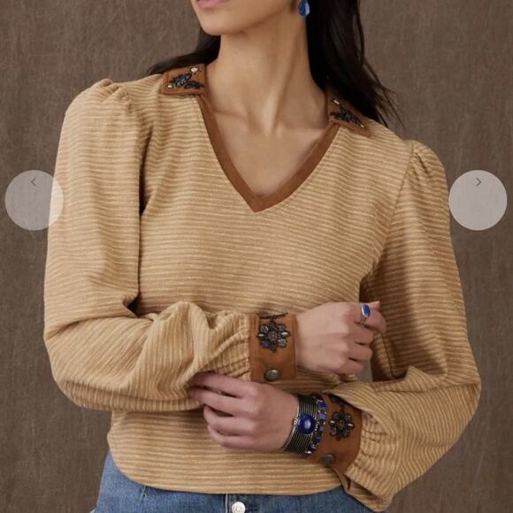 Double D Ranch Tops - Double D Ranch Size M Trails End Top Long Sleeve Beaded Embellished Tan Western